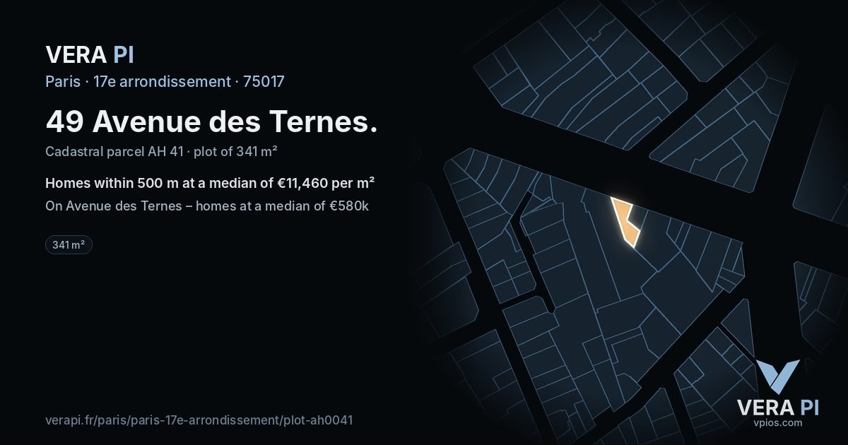 49 Avenue des Ternes, 17e arrondissement at night – the plot lit, the parcels around coloured by the prices near them