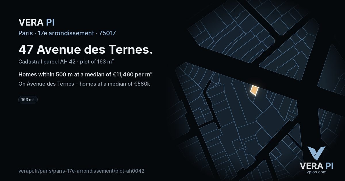 47 Avenue des Ternes, 17e arrondissement at night – the plot lit, the parcels around coloured by the prices near them