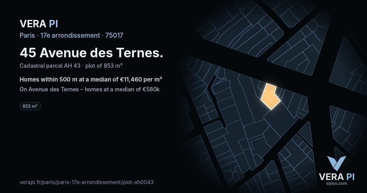 45 Avenue des Ternes, 17e arrondissement at night – the plot lit, the parcels around coloured by the prices near them