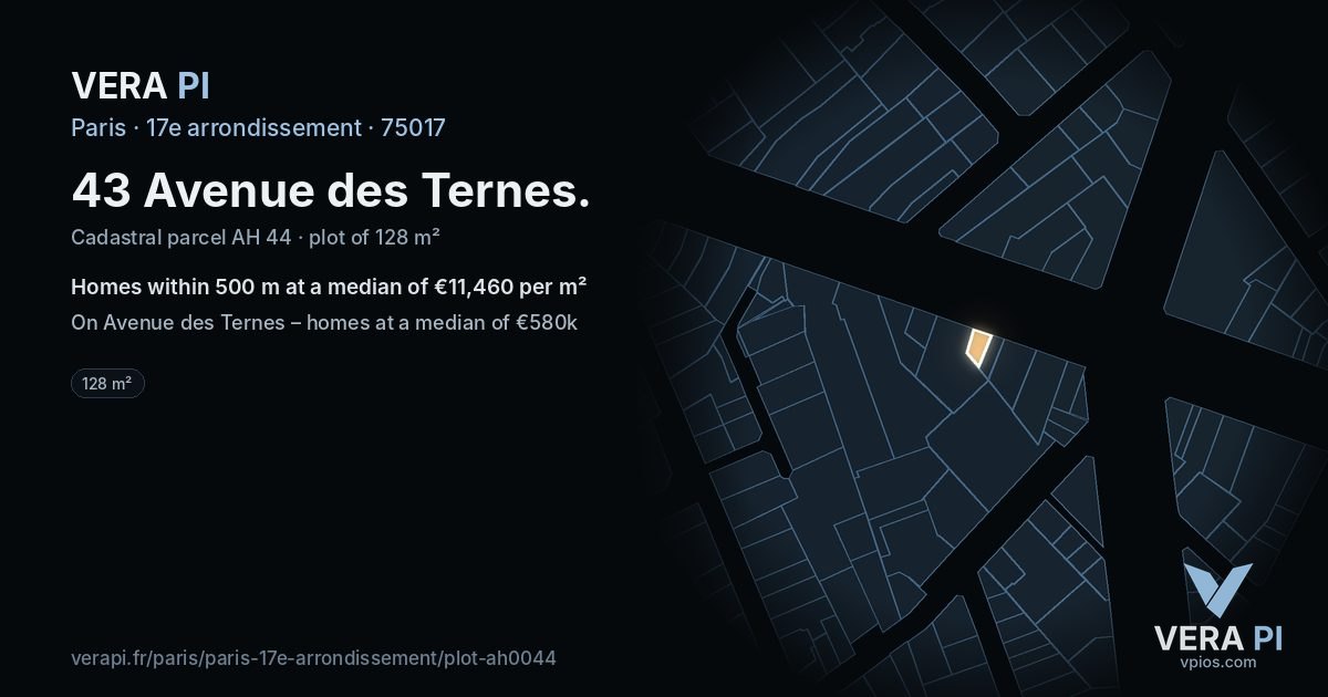 43 Avenue des Ternes, 17e arrondissement at night – the plot lit, the parcels around coloured by the prices near them