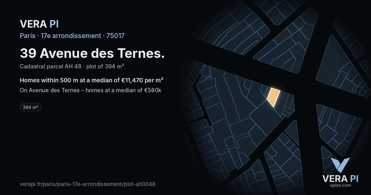 39 Avenue des Ternes, 17e arrondissement at night – the plot lit, the parcels around coloured by the prices near them