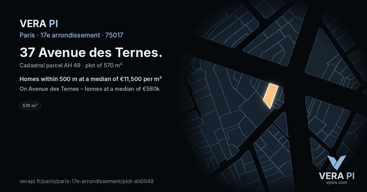37 Avenue des Ternes, 17e arrondissement at night – the plot lit, the parcels around coloured by the prices near them