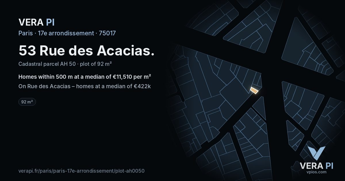 53 Rue des Acacias, 17e arrondissement at night – the plot lit, the parcels around coloured by the prices near them