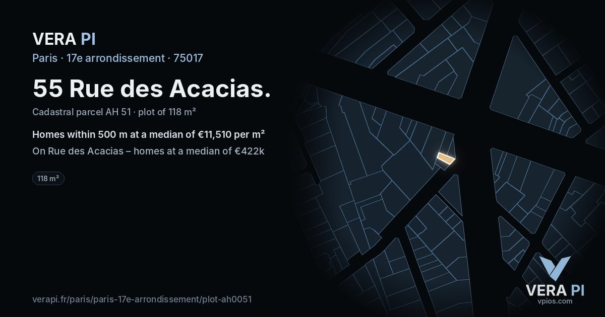 55 Rue des Acacias, 17e arrondissement at night – the plot lit, the parcels around coloured by the prices near them