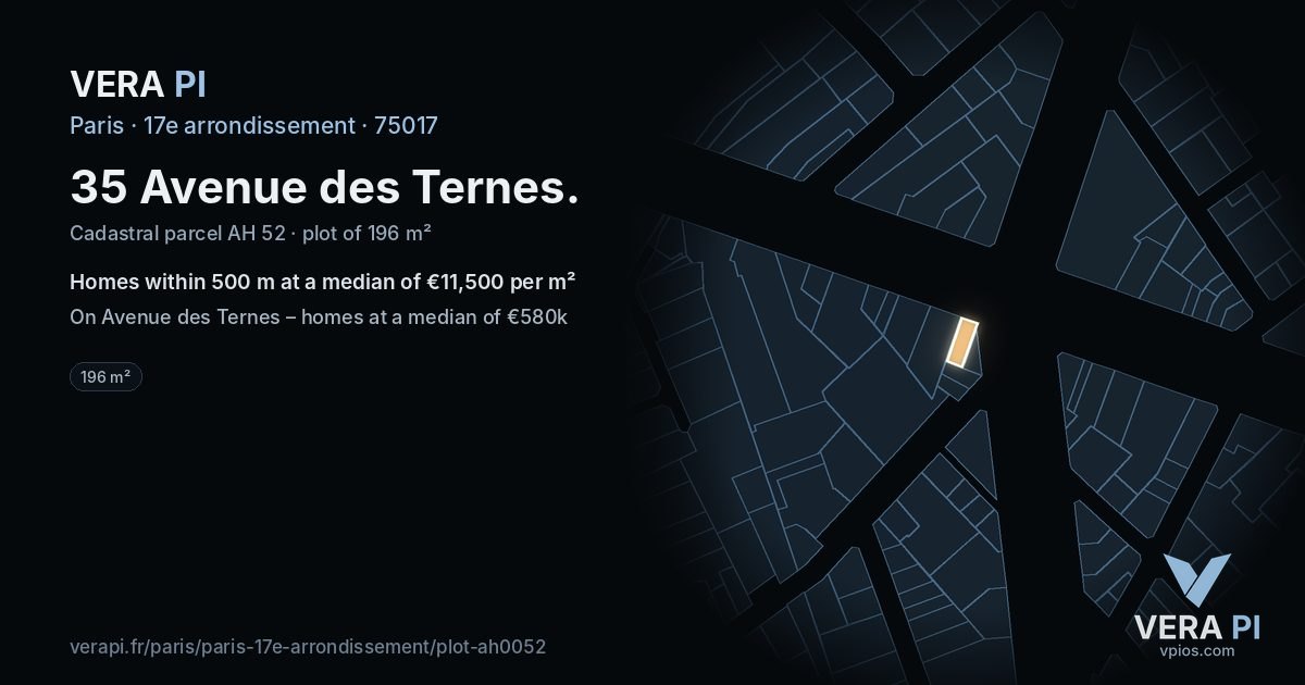 35 Avenue des Ternes, 17e arrondissement at night – the plot lit, the parcels around coloured by the prices near them