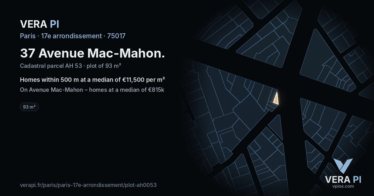 37 Avenue Mac-Mahon, 17e arrondissement at night – the plot lit, the parcels around coloured by the prices near them