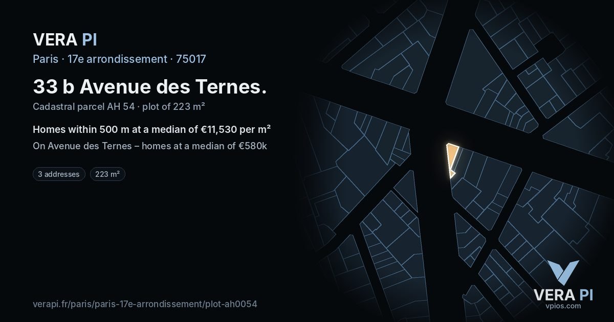 33 b Avenue des Ternes, 17e arrondissement at night – the plot lit, the parcels around coloured by the prices near them