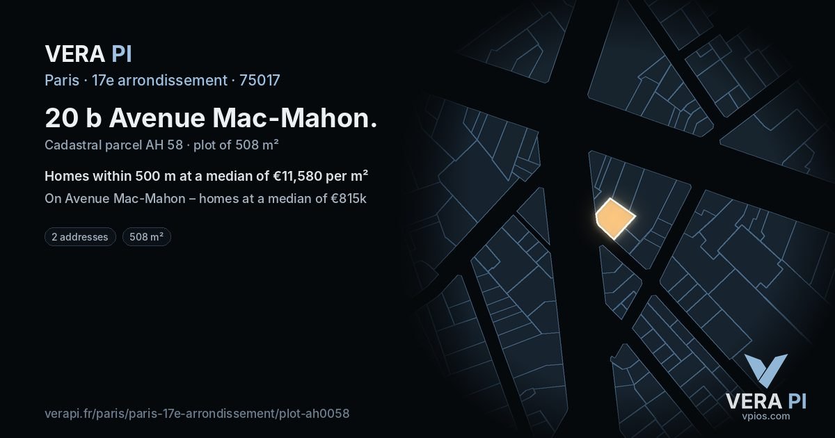 20 b Avenue Mac-Mahon, 17e arrondissement at night – the plot lit, the parcels around coloured by the prices near them
