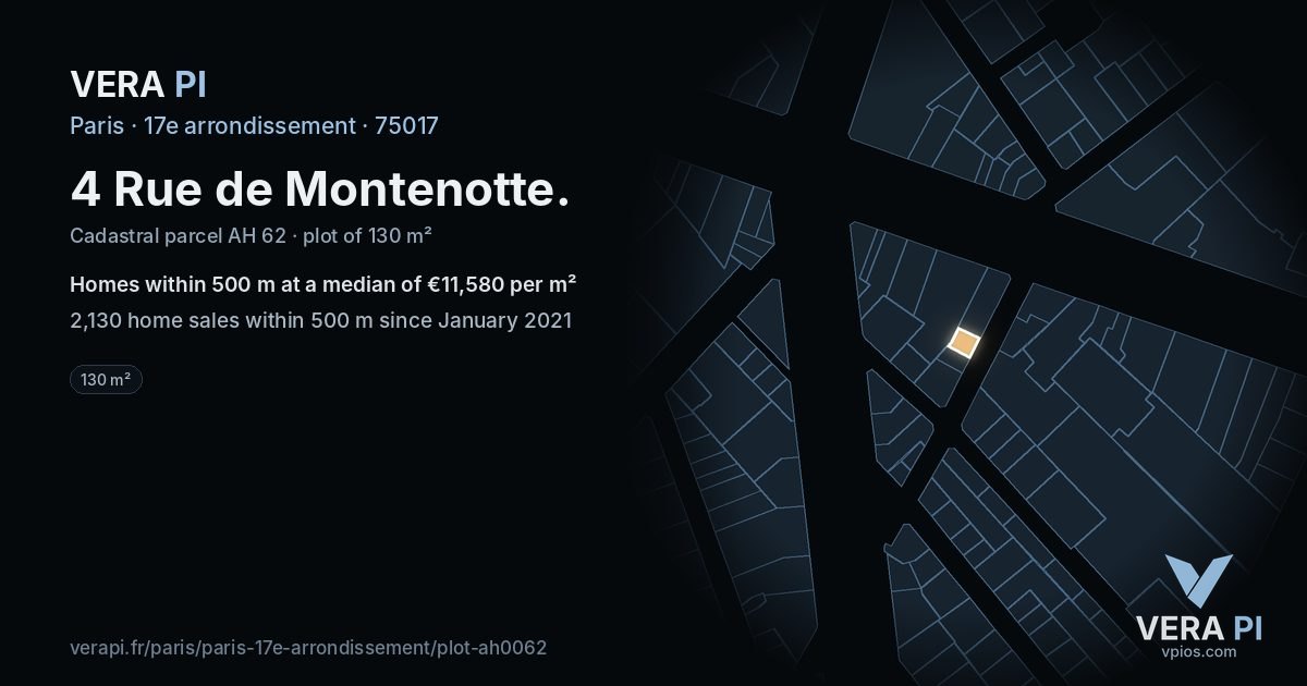 4 Rue de Montenotte, 17e arrondissement at night – the plot lit, the parcels around coloured by the prices near them
