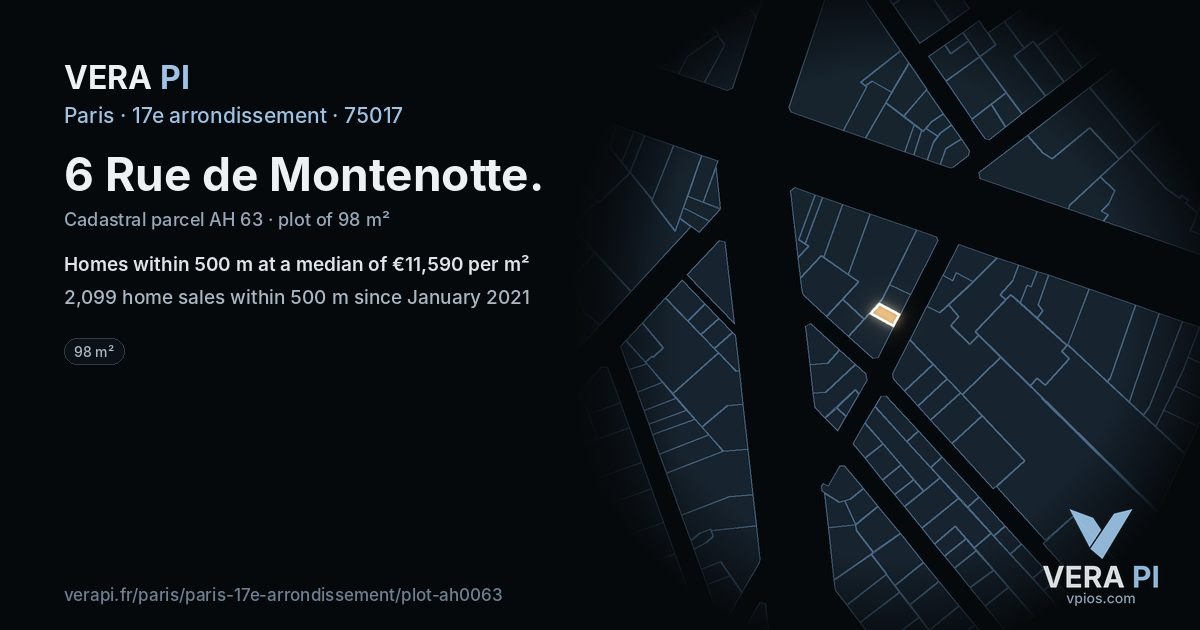 6 Rue de Montenotte, 17e arrondissement at night – the plot lit, the parcels around coloured by the prices near them