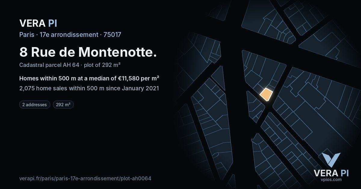 8 Rue de Montenotte, 17e arrondissement at night – the plot lit, the parcels around coloured by the prices near them