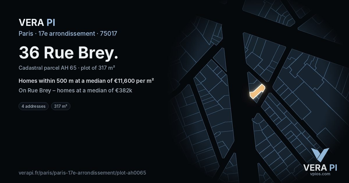 36 Rue Brey, 17e arrondissement at night – the plot lit, the parcels around coloured by the prices near them
