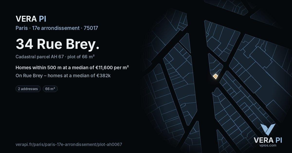 34 Rue Brey, 17e arrondissement at night – the plot lit, the parcels around coloured by the prices near them