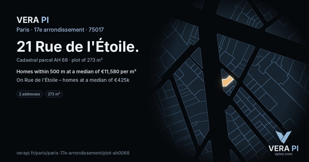 21 Rue de l'Étoile, 17e arrondissement at night – the plot lit, the parcels around coloured by the prices near them