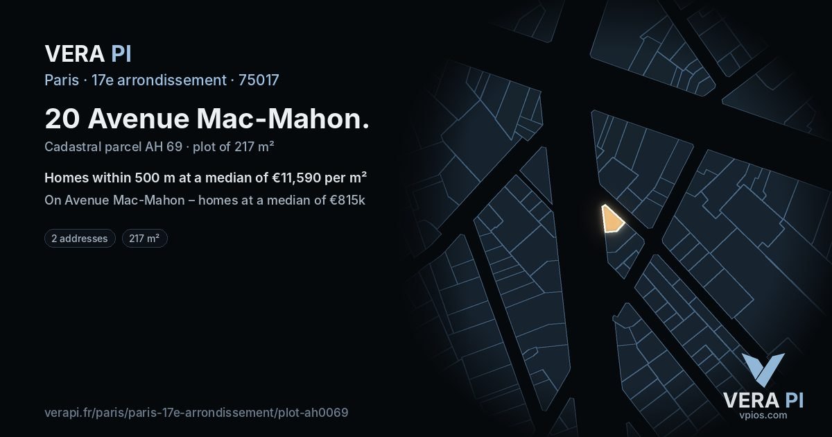 20 Avenue Mac-Mahon, 17e arrondissement at night – the plot lit, the parcels around coloured by the prices near them