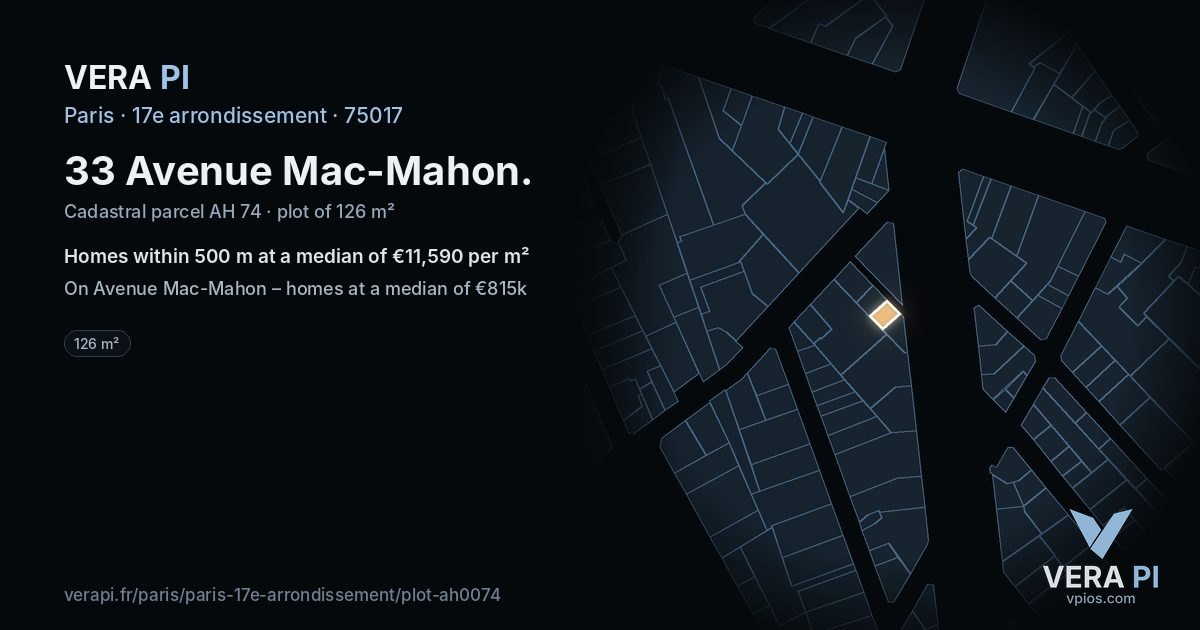 33 Avenue Mac-Mahon, 17e arrondissement at night – the plot lit, the parcels around coloured by the prices near them