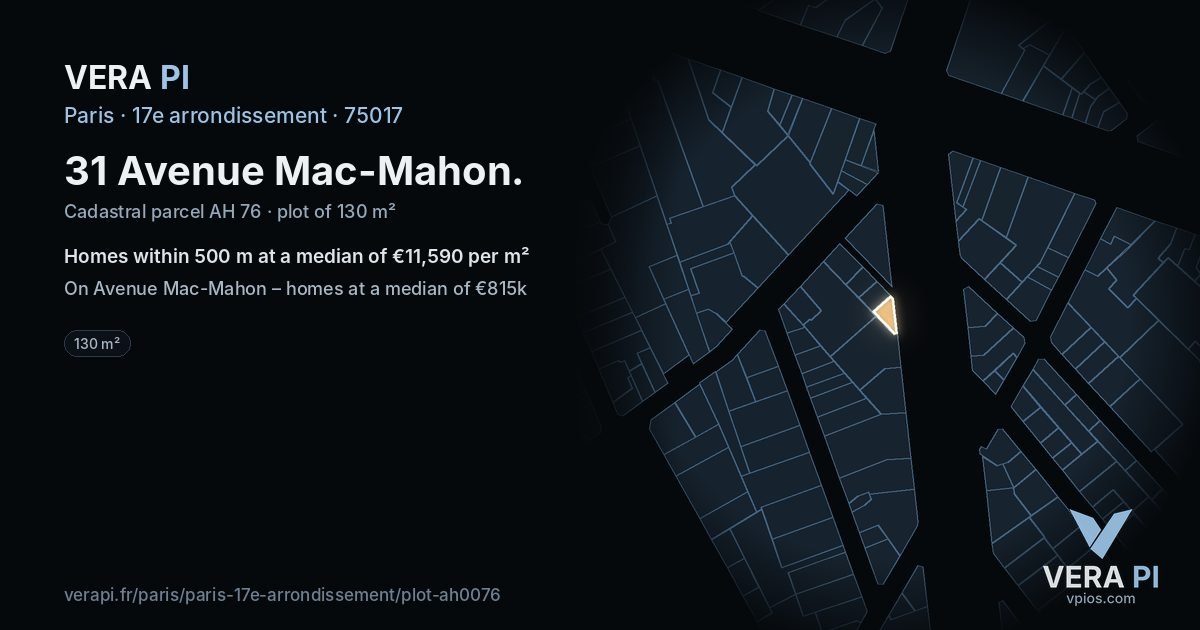 31 Avenue Mac-Mahon, 17e arrondissement at night – the plot lit, the parcels around coloured by the prices near them