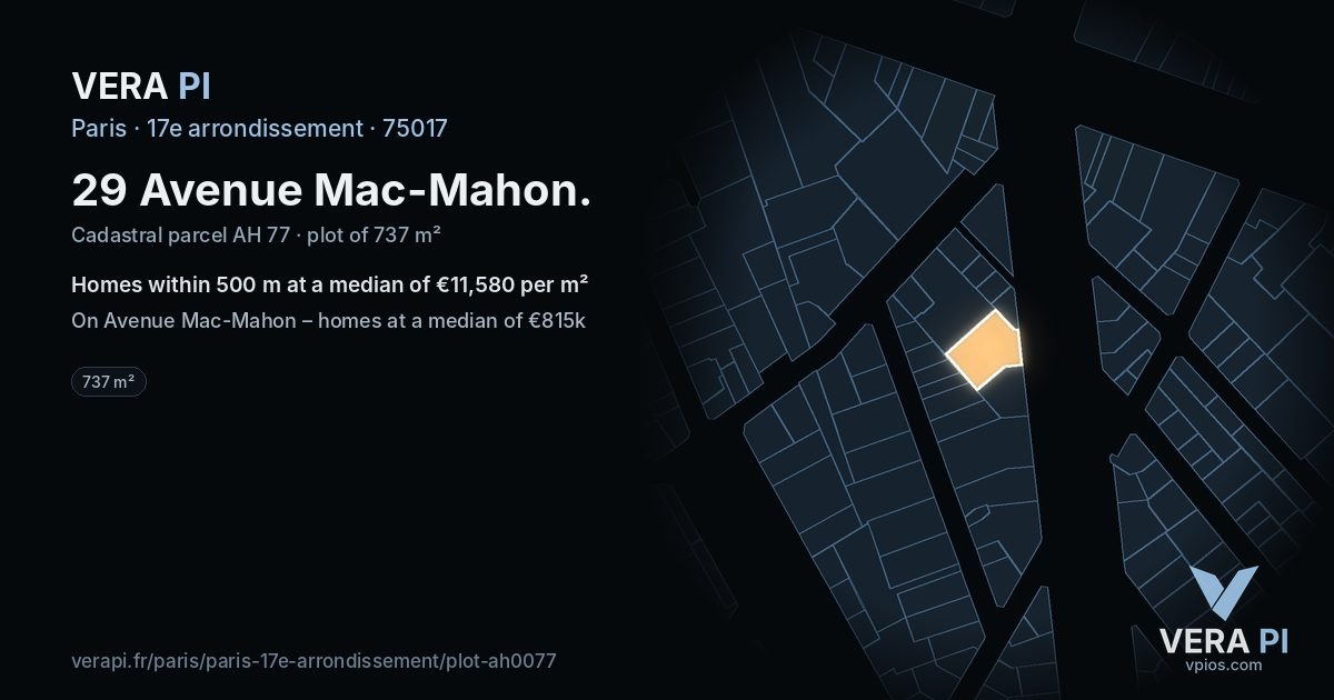 29 Avenue Mac-Mahon, 17e arrondissement at night – the plot lit, the parcels around coloured by the prices near them