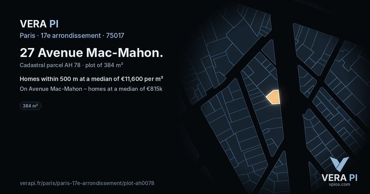 27 Avenue Mac-Mahon, 17e arrondissement at night – the plot lit, the parcels around coloured by the prices near them