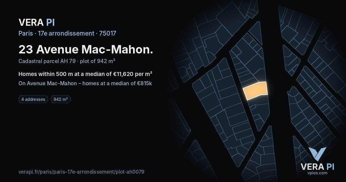 23 Avenue Mac-Mahon, 17e arrondissement at night – the plot lit, the parcels around coloured by the prices near them