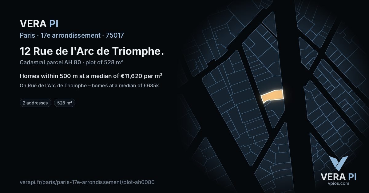 12 Rue de l'Arc de Triomphe, 17e arrondissement at night – the plot lit, the parcels around coloured by the prices near them