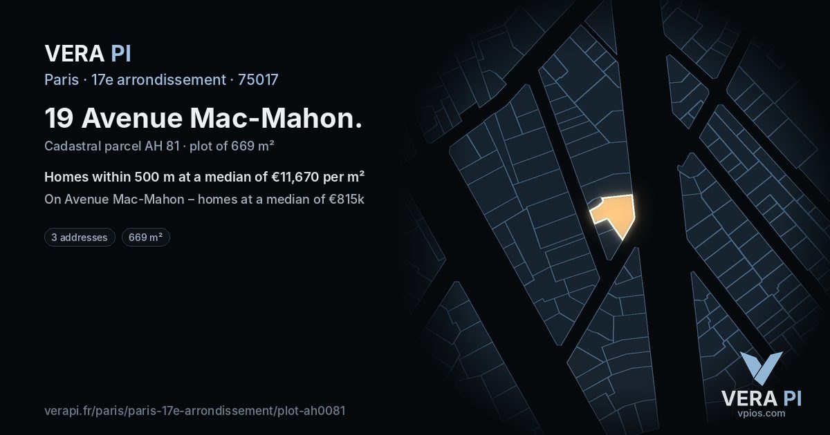 19 Avenue Mac-Mahon, 17e arrondissement at night – the plot lit, the parcels around coloured by the prices near them