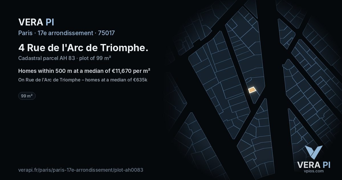4 Rue de l'Arc de Triomphe, 17e arrondissement at night – the plot lit, the parcels around coloured by the prices near them