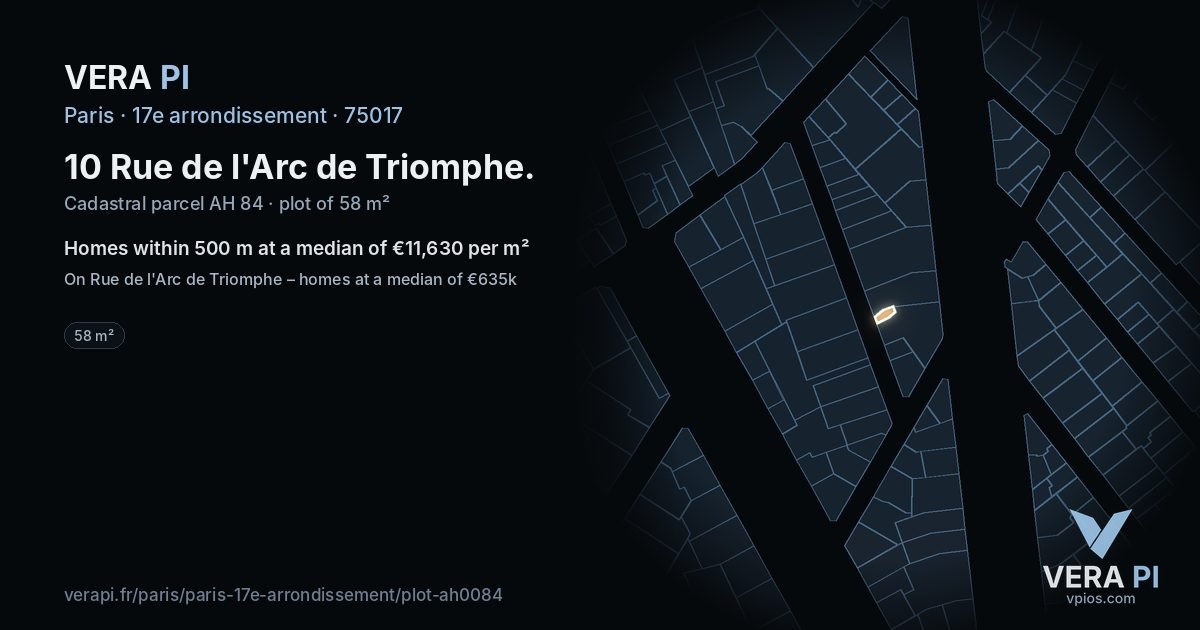 10 Rue de l'Arc de Triomphe, 17e arrondissement at night – the plot lit, the parcels around coloured by the prices near them