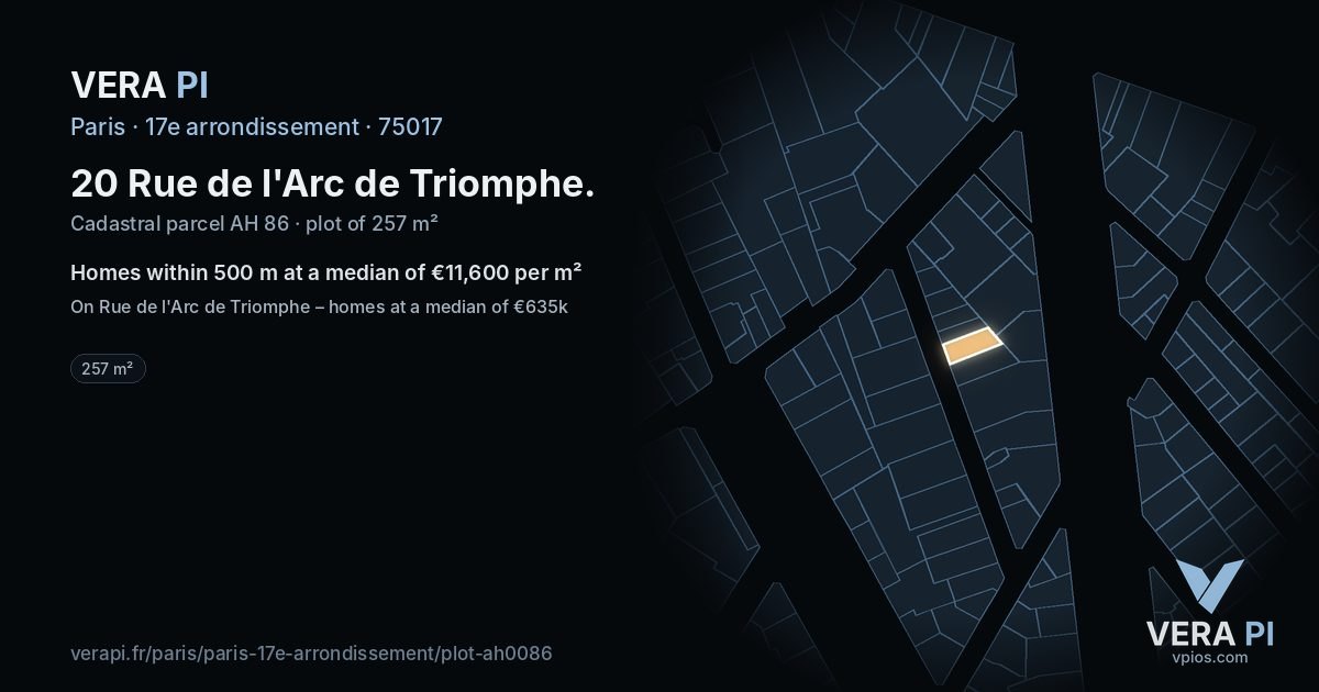 20 Rue de l'Arc de Triomphe, 17e arrondissement at night – the plot lit, the parcels around coloured by the prices near them