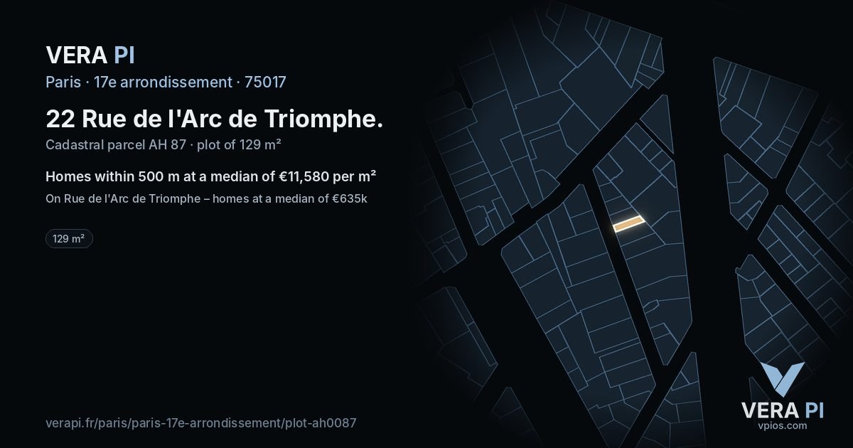 22 Rue de l'Arc de Triomphe, 17e arrondissement at night – the plot lit, the parcels around coloured by the prices near them