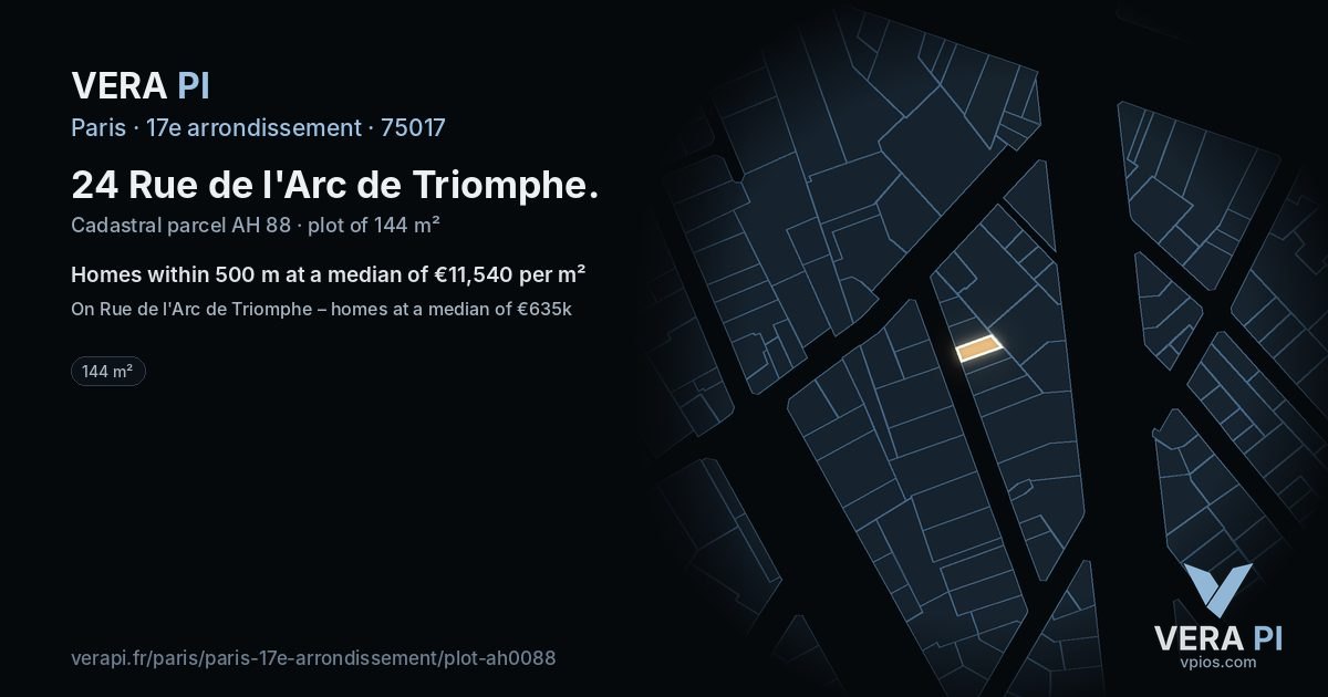 24 Rue de l'Arc de Triomphe, 17e arrondissement at night – the plot lit, the parcels around coloured by the prices near them