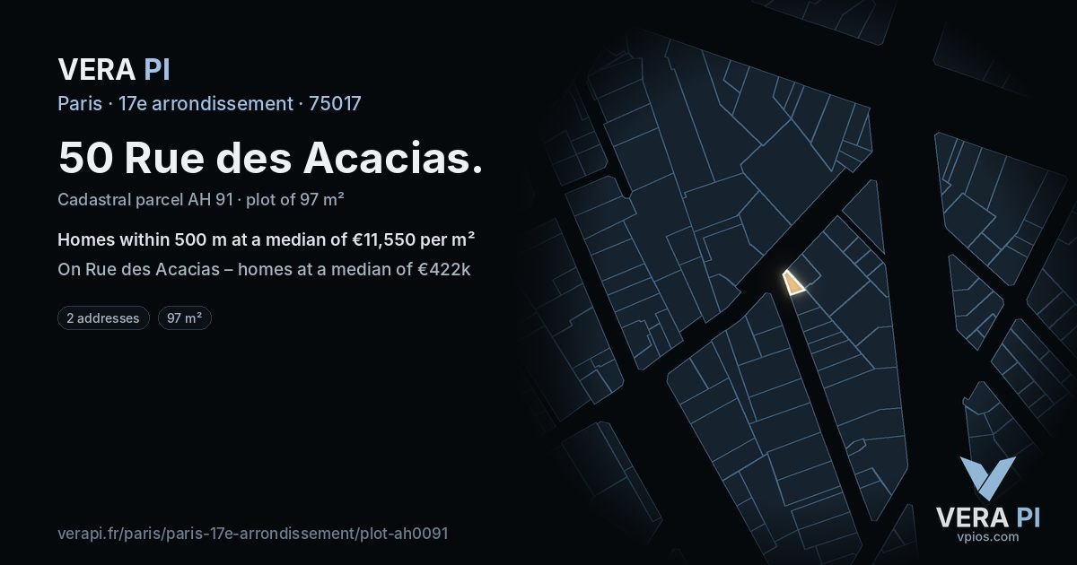 50 Rue des Acacias, 17e arrondissement at night – the plot lit, the parcels around coloured by the prices near them