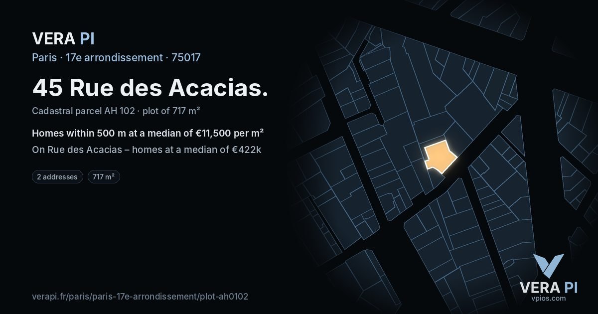45 Rue des Acacias, 17e arrondissement at night – the plot lit, the parcels around coloured by the prices near them