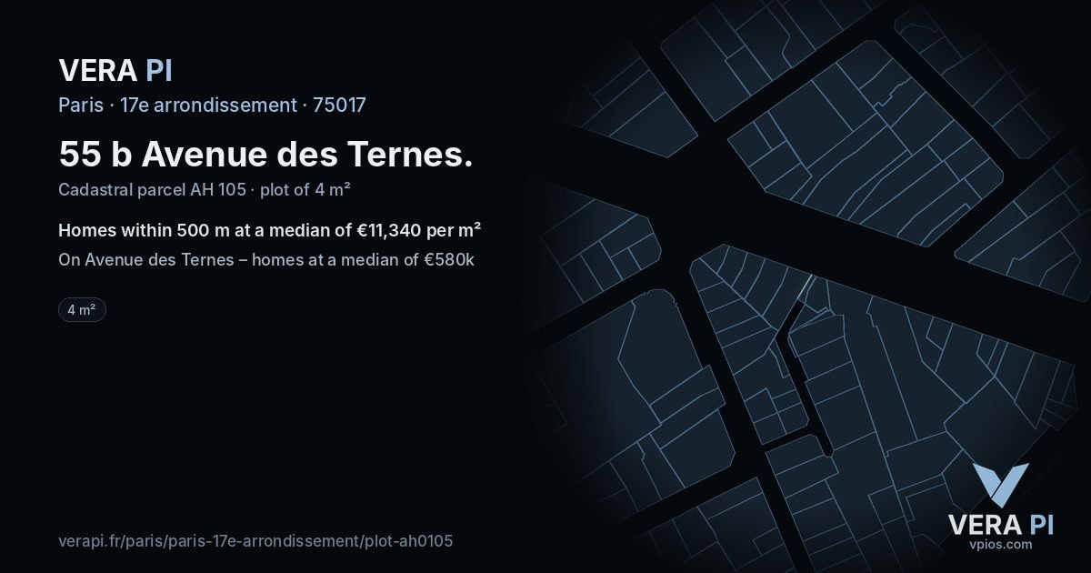 55 b Avenue des Ternes, 17e arrondissement at night – the plot lit, the parcels around coloured by the prices near them
