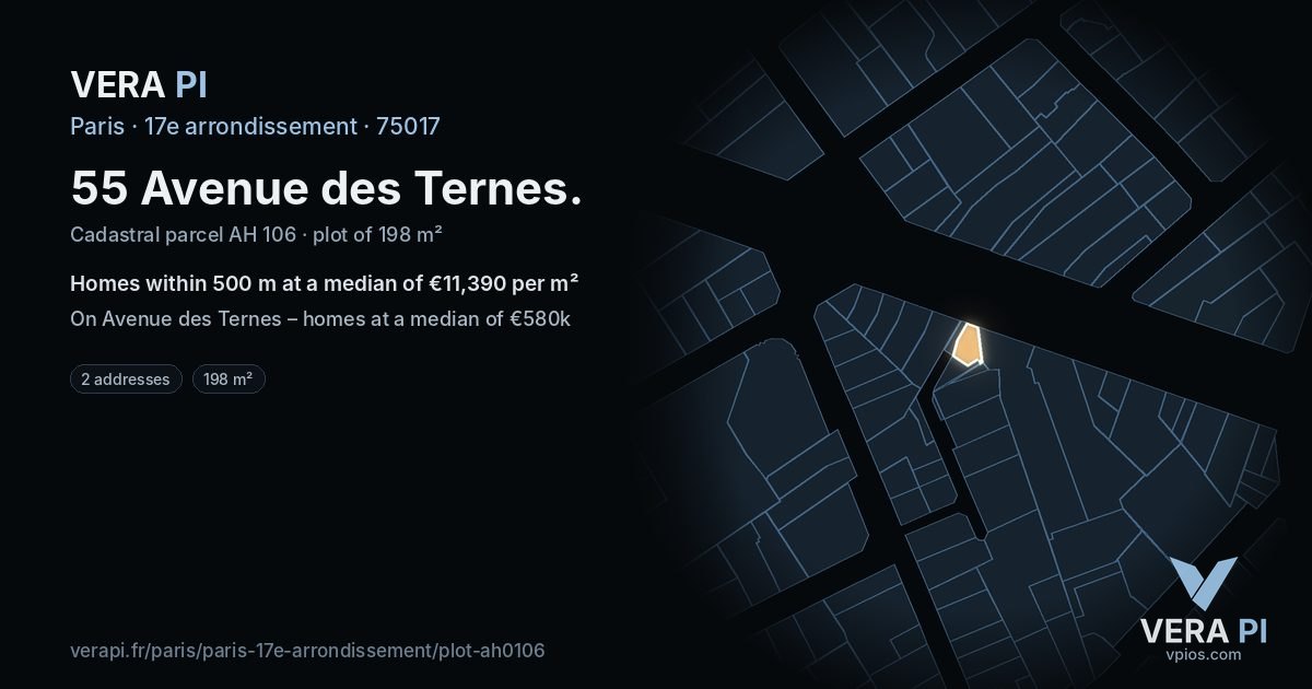 55 Avenue des Ternes, 17e arrondissement at night – the plot lit, the parcels around coloured by the prices near them