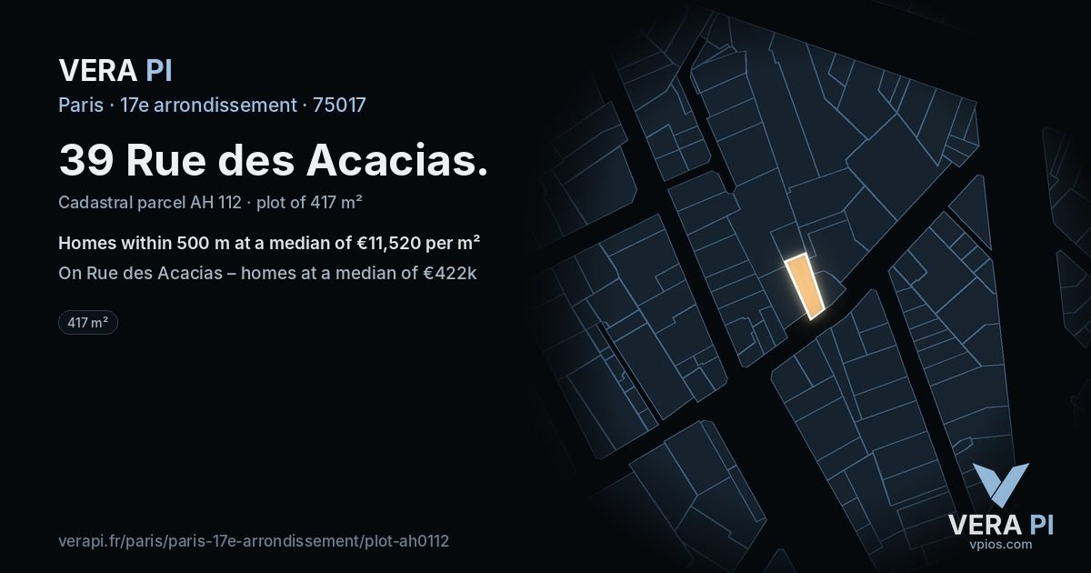 39 Rue des Acacias, 17e arrondissement at night – the plot lit, the parcels around coloured by the prices near them