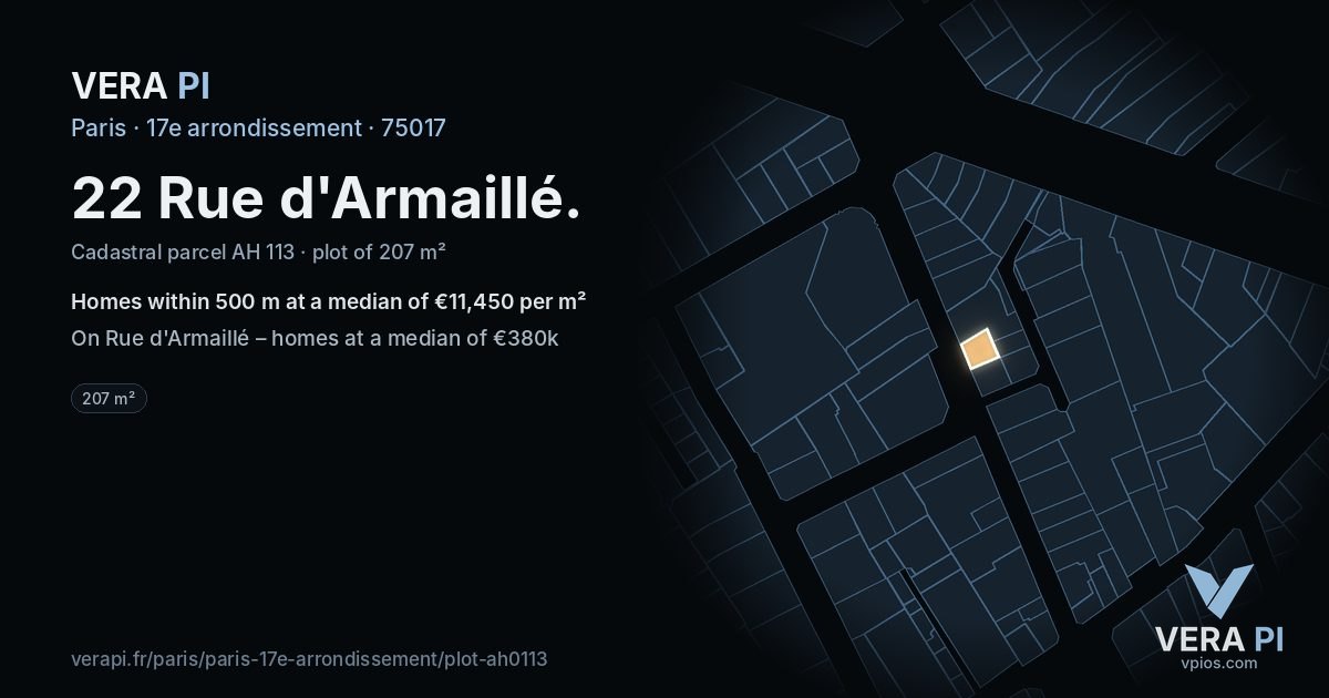 22 Rue d'Armaillé, 17e arrondissement at night – the plot lit, the parcels around coloured by the prices near them