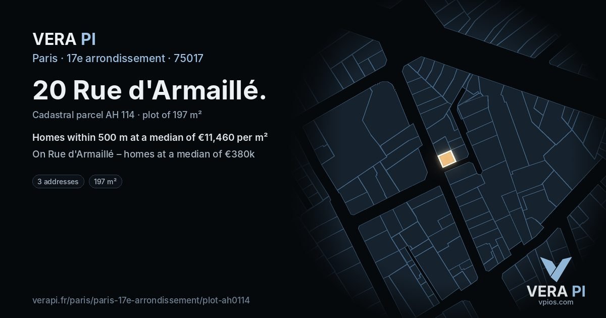 20 Rue d'Armaillé, 17e arrondissement at night – the plot lit, the parcels around coloured by the prices near them