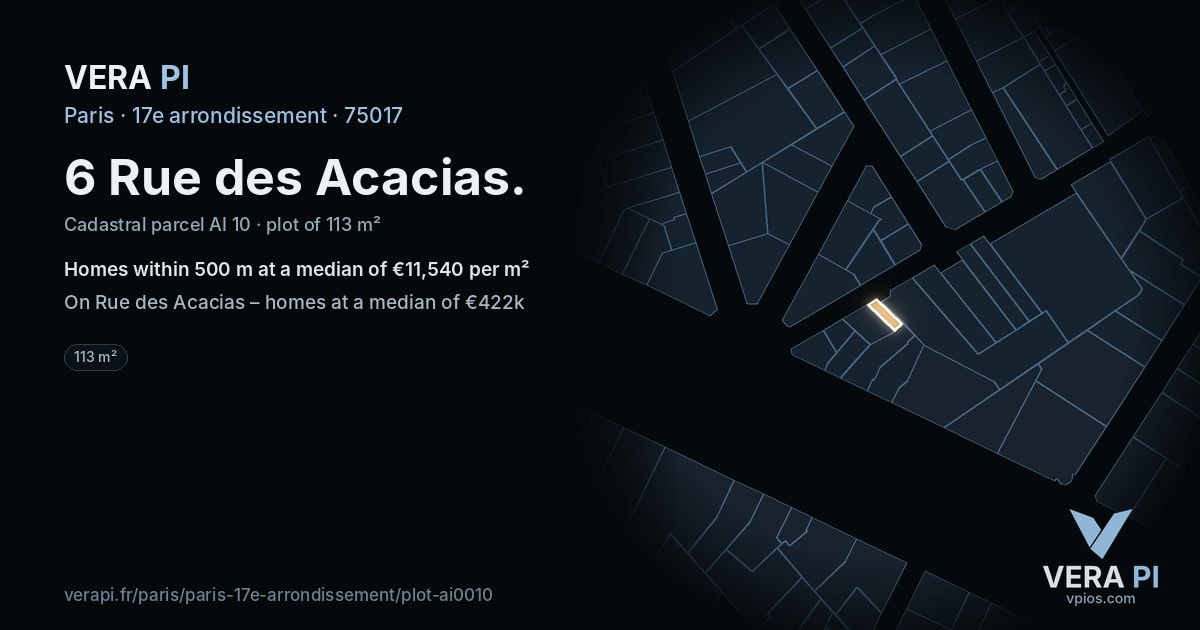 6 Rue des Acacias, 17e arrondissement at night – the plot lit, the parcels around coloured by the prices near them