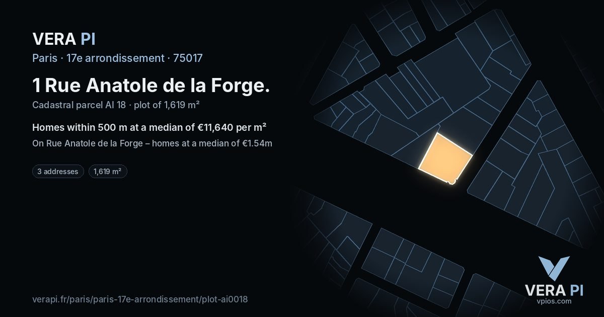 1 Rue Anatole de la Forge, 17e arrondissement at night – the plot lit, the parcels around coloured by the prices near them
