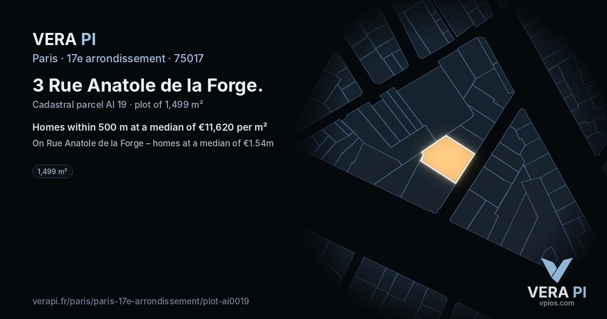3 Rue Anatole de la Forge, 17e arrondissement at night – the plot lit, the parcels around coloured by the prices near them
