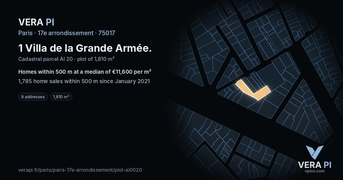 1 Villa de la Grande Armée, 17e arrondissement at night – the plot lit, the parcels around coloured by the prices near them