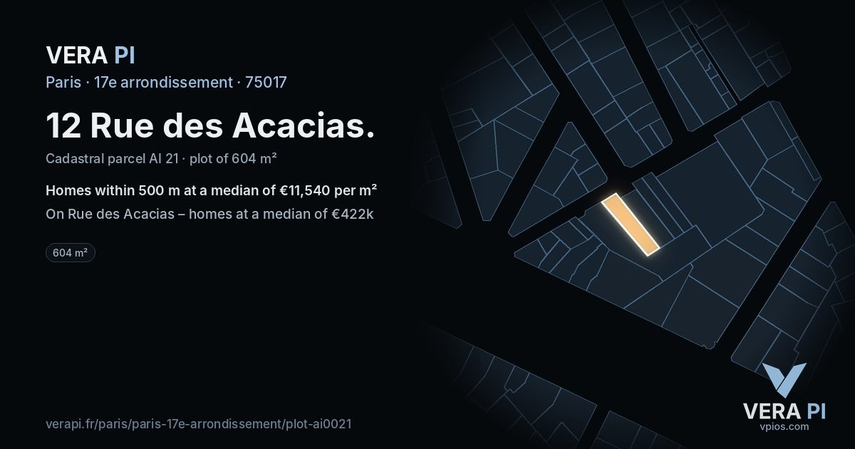 12 Rue des Acacias, 17e arrondissement at night – the plot lit, the parcels around coloured by the prices near them