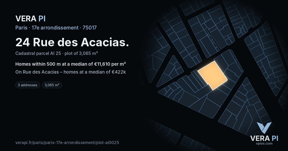24 Rue des Acacias, 17e arrondissement at night – the plot lit, the parcels around coloured by the prices near them
