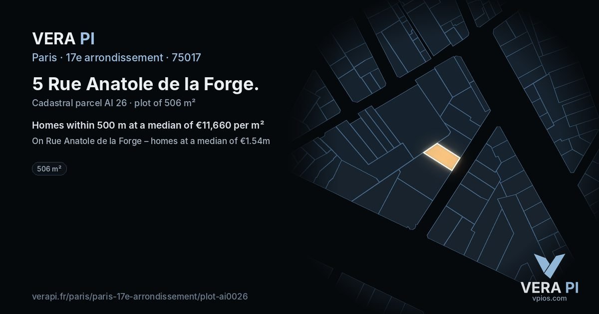 5 Rue Anatole de la Forge, 17e arrondissement at night – the plot lit, the parcels around coloured by the prices near them