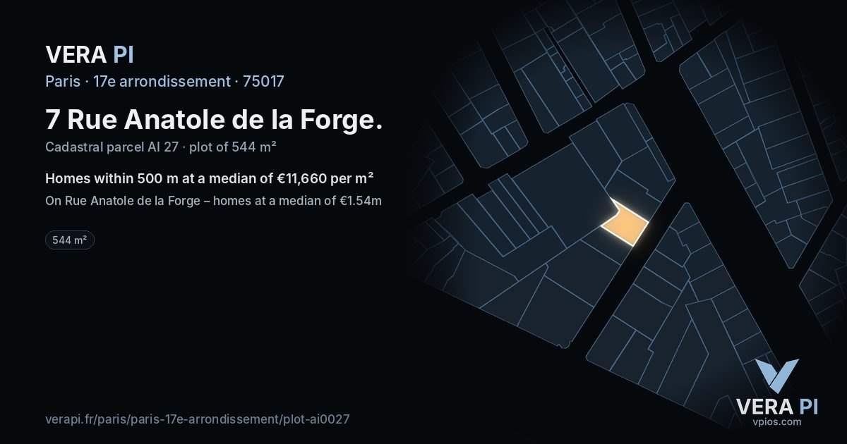 7 Rue Anatole de la Forge, 17e arrondissement at night – the plot lit, the parcels around coloured by the prices near them