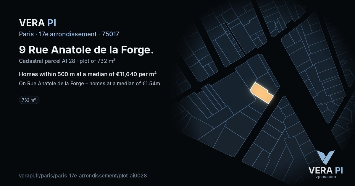 9 Rue Anatole de la Forge, 17e arrondissement at night – the plot lit, the parcels around coloured by the prices near them
