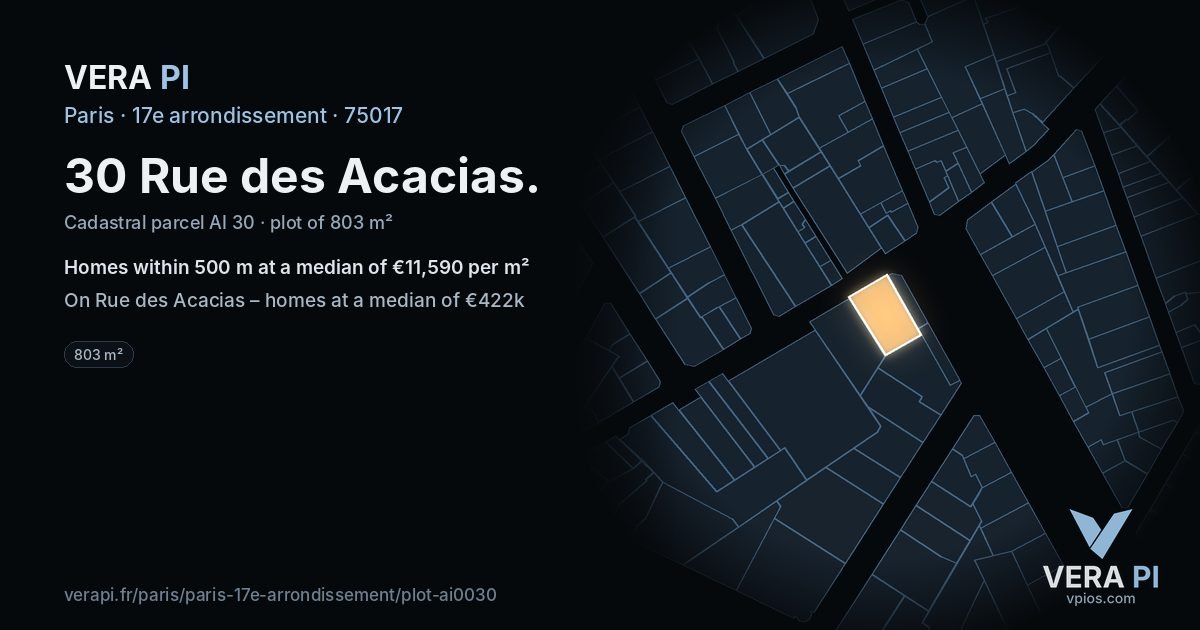 30 Rue des Acacias, 17e arrondissement at night – the plot lit, the parcels around coloured by the prices near them