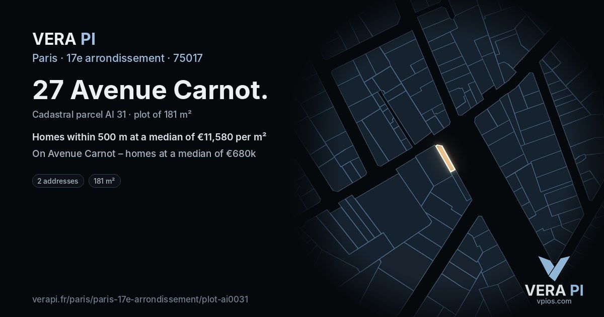 27 Avenue Carnot, 17e arrondissement at night – the plot lit, the parcels around coloured by the prices near them