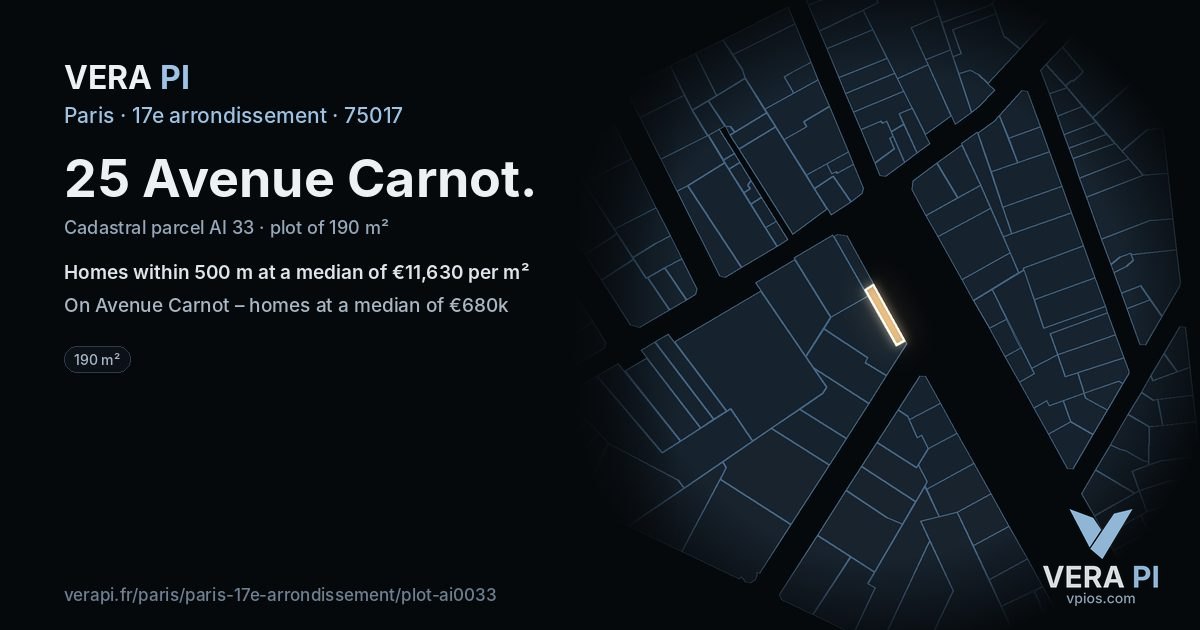 25 Avenue Carnot, 17e arrondissement at night – the plot lit, the parcels around coloured by the prices near them